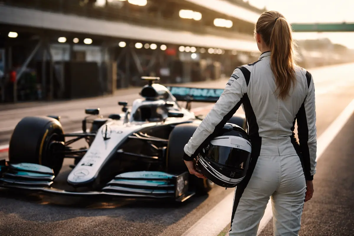 Una pilota col casco in mano davanti ad una monoposto di Formula 1