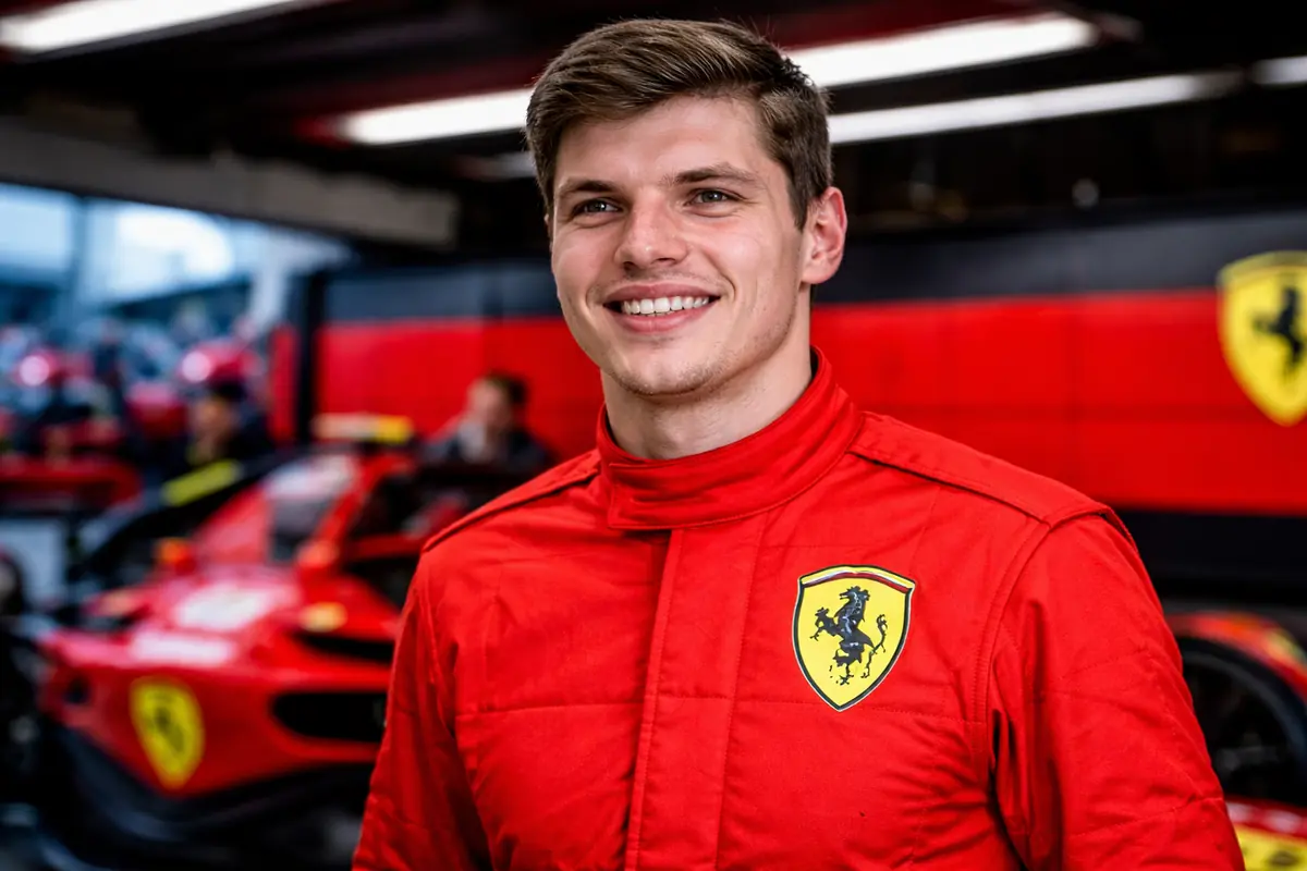 Max Verstappen con la tuta rossa della Ferrari, immagine creata con l'intelligenza artificiale